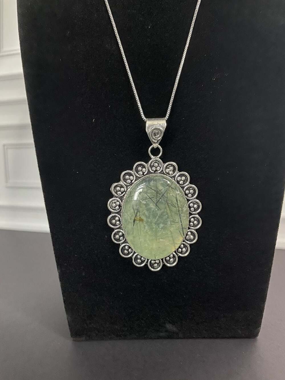 Oval Prehnite Pendant Necklace with Chain in German Silver
